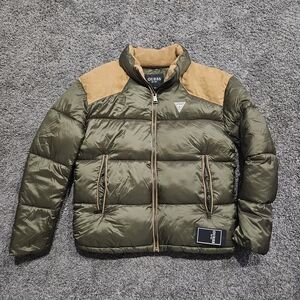 GUESS Men's Olive and Tan Larry Fabric Block Puffer Jacket Size Medium